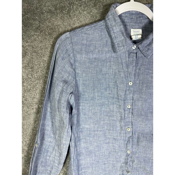 Sigrid Olsen Linen Button Up Shirt Womens Size Medium Blue Roll Tab Sleeve FLAW - Picture 7 of 16